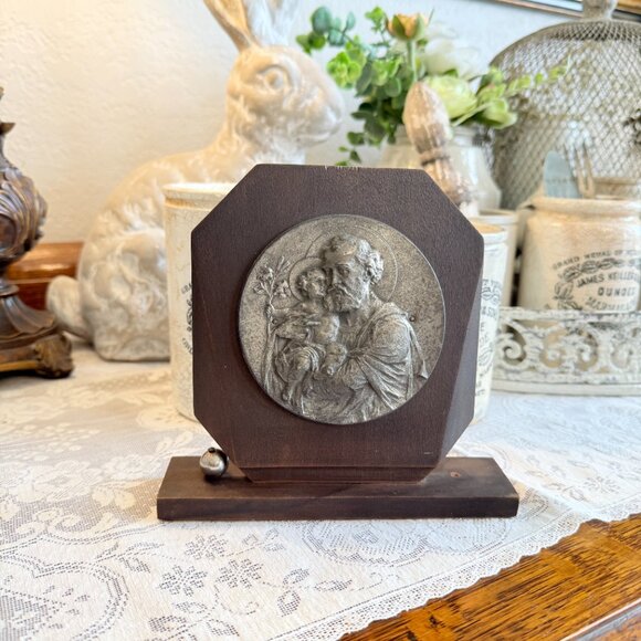 1920s Antique Religious Metal and Wood Saint Joeseph and Child Jesus - Picture 4 of 10